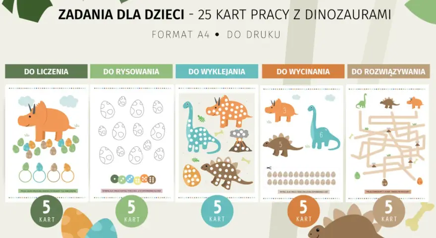 Kreatywne dinozaury karty pracy do druku: liczenie, rysowanie, wyklejanie, wycinanie i rozwiązywanie labiryntów.