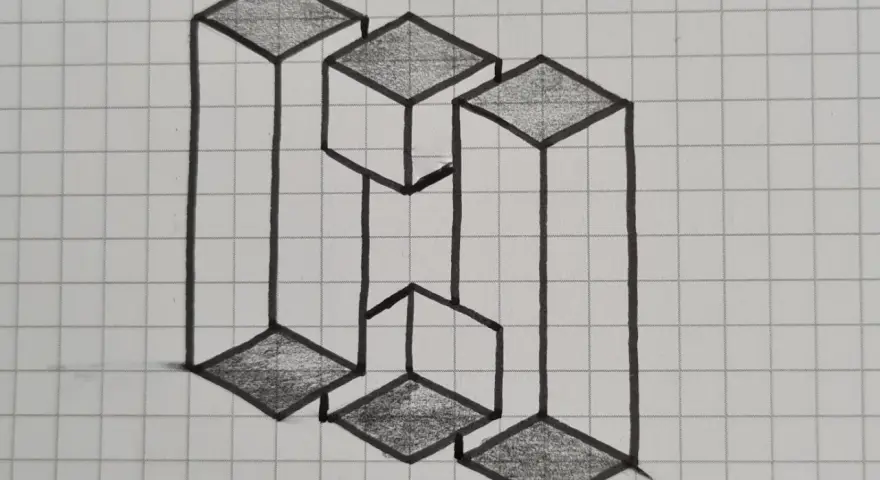 Iluzoryczne rysunki 3d na kartce w kratkę przedstawiające schody lub wieże, które wydają się być niemożliwe do zbudowania.