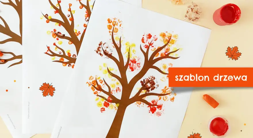 Jesienne drzewo szablon do druku. Dzieci mogą tworzyć własne, kolorowe drzewka, odbijając farbę palcami lub gąbką.