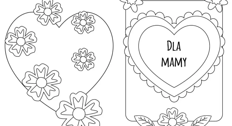 Dwa projekty kartki dla mamy do druku: serce z kwiatami i ramka z sercem z napisem "Dla Mamy" i kwiatami.
