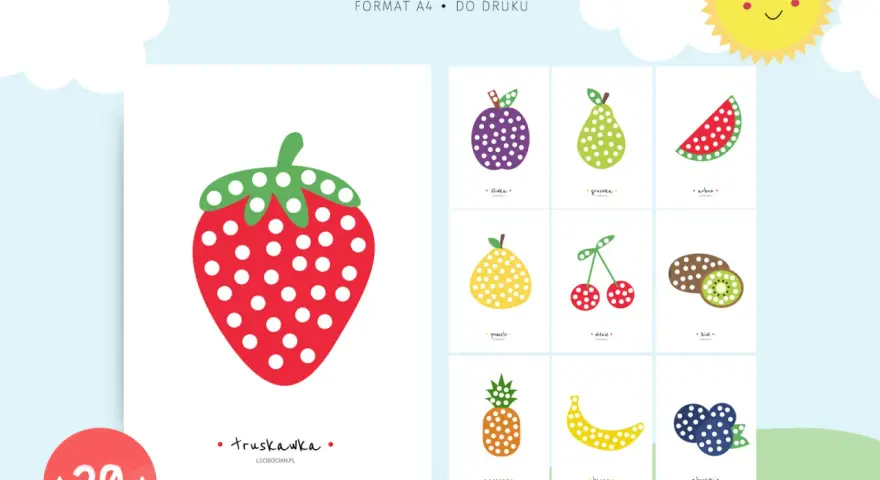 Zestaw kart pracy "Wyklejanki owoce" z kolorowymi ilustracjami: truskawka, śliwka, gruszka, arbuz, pomelo, wiśnie, kiwi, ananas, banan, borówki. Idealne do wyklejania plasteliną.