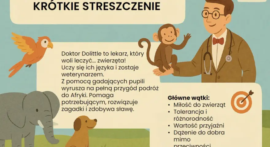 Doktor Dolittle, lekarz zwierząt, uczy się ich języka i wyrusza na przygody do Afryki z gadającymi pupilami. Streszczenie jego historii.
