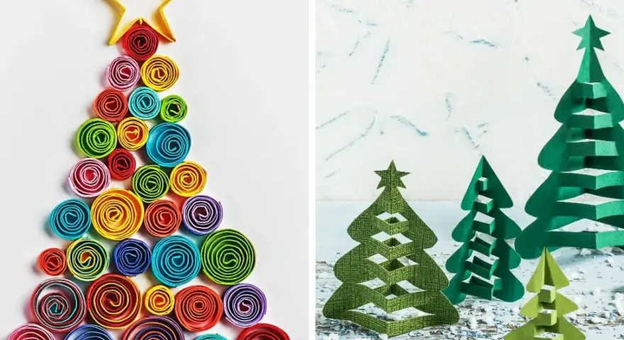 Kolorowa choinka praca plastyczna przestrzenna z papierowych spirali i zielone, wycinane choinki z papieru.