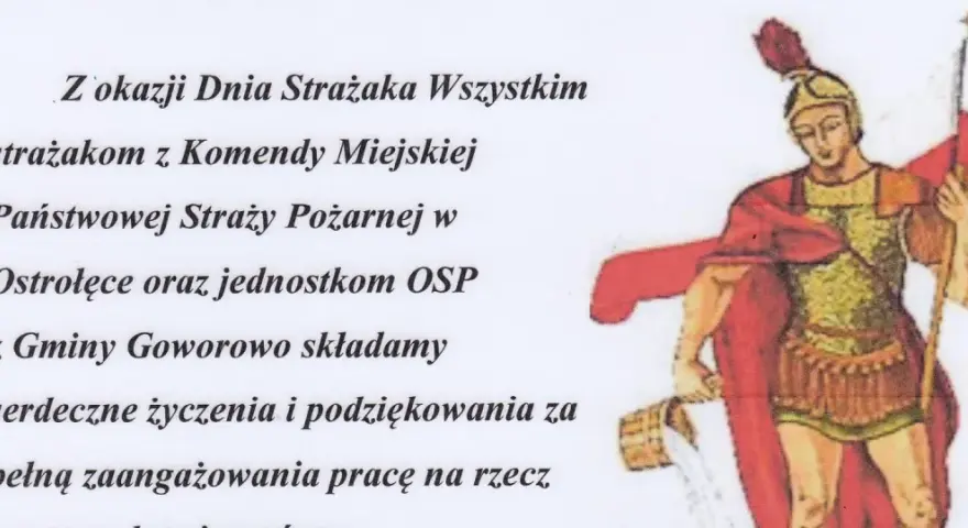 Ilustracja z okazji Dnia Strażaka, z życzeniami i podziękowaniami. Może posłużyć jako inspiracja do krótkich wierszyków o strażakach.