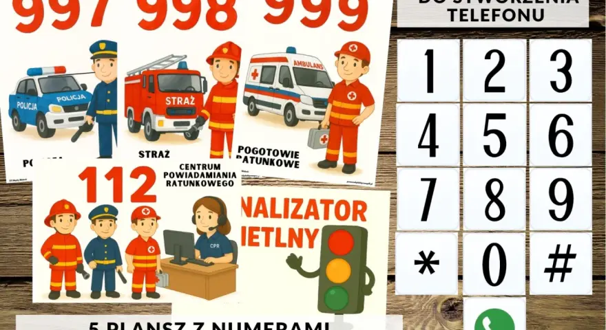 Plakat z numerami alarmowymi do druku: 997, 998, 999, 112. Grafiki przedstawiają policjanta, strażaka, ratownika medycznego i centrum powiadamiania ratunkowego.