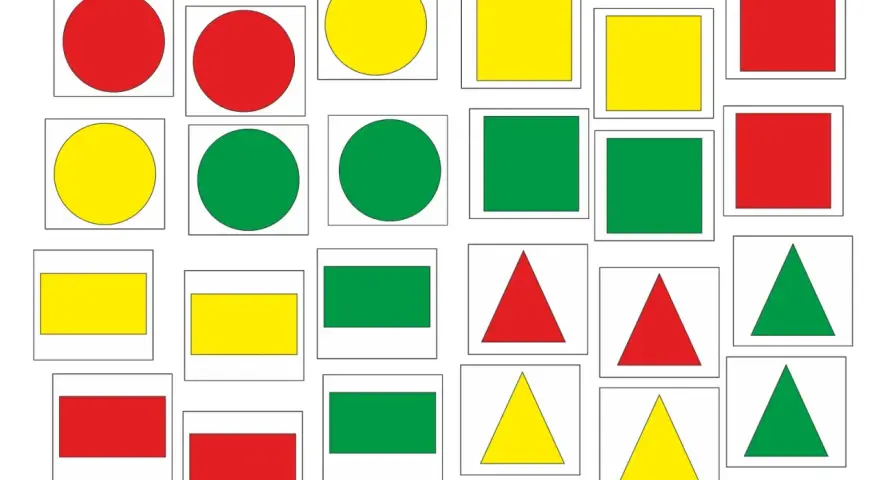 Rysunek z figur geometrycznych: czerwone, żółte i zielone koła, kwadraty, prostokąty i trójkąty ułożone w siatce.