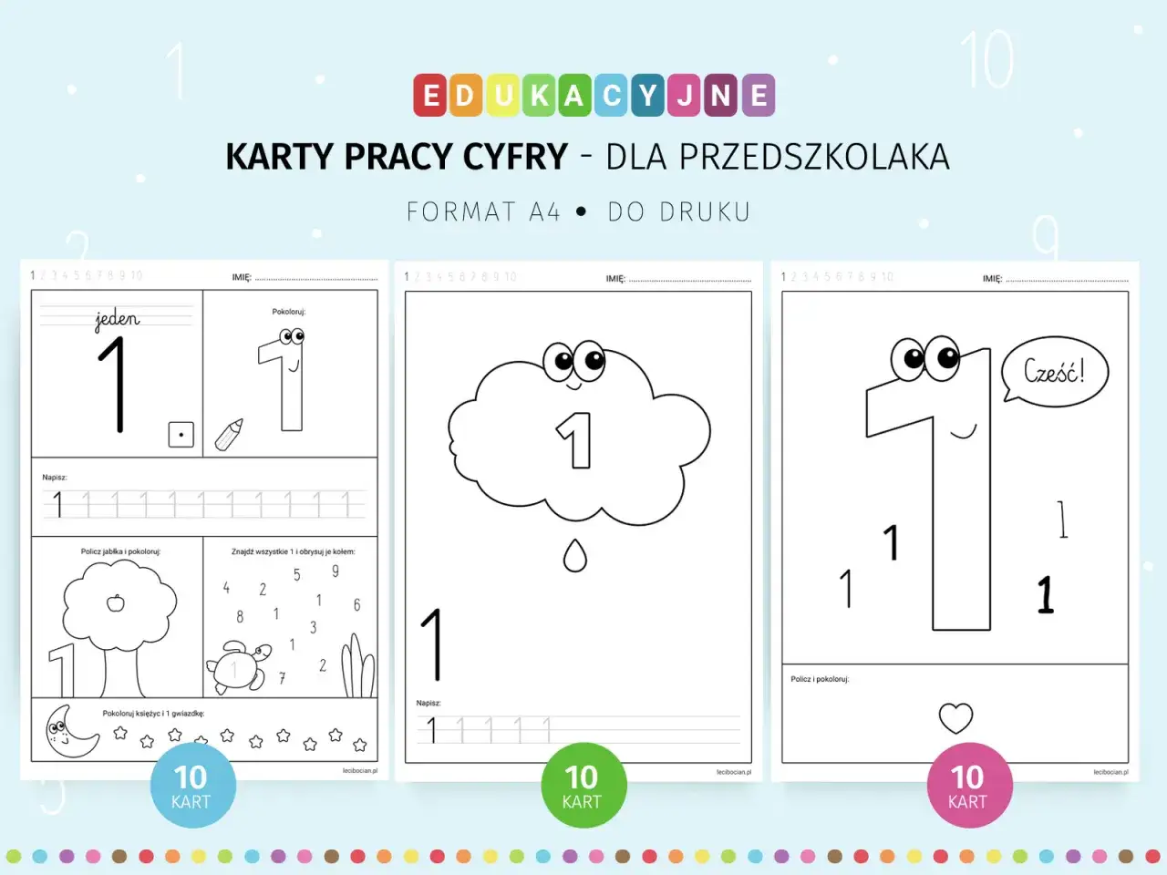 Karty pracy zerówka do druku z cyfrą 1. Ćwiczenia pisania, liczenia i kolorowania dla przedszkolaków.