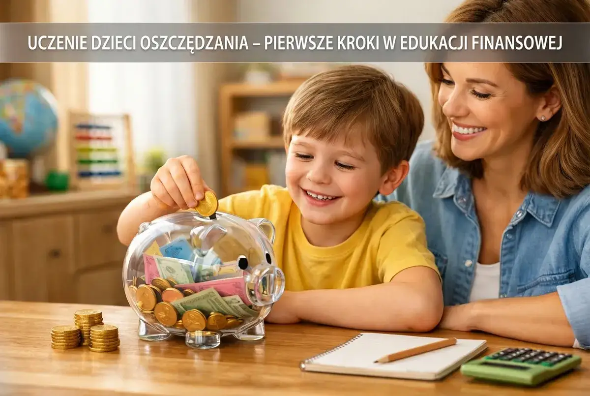 Chłopiec z uśmiechem wkłada monetę do świnki-skarbonki. Mama patrzy z dumą. To pierwsze kroki w edukacji finansowej dzieci.