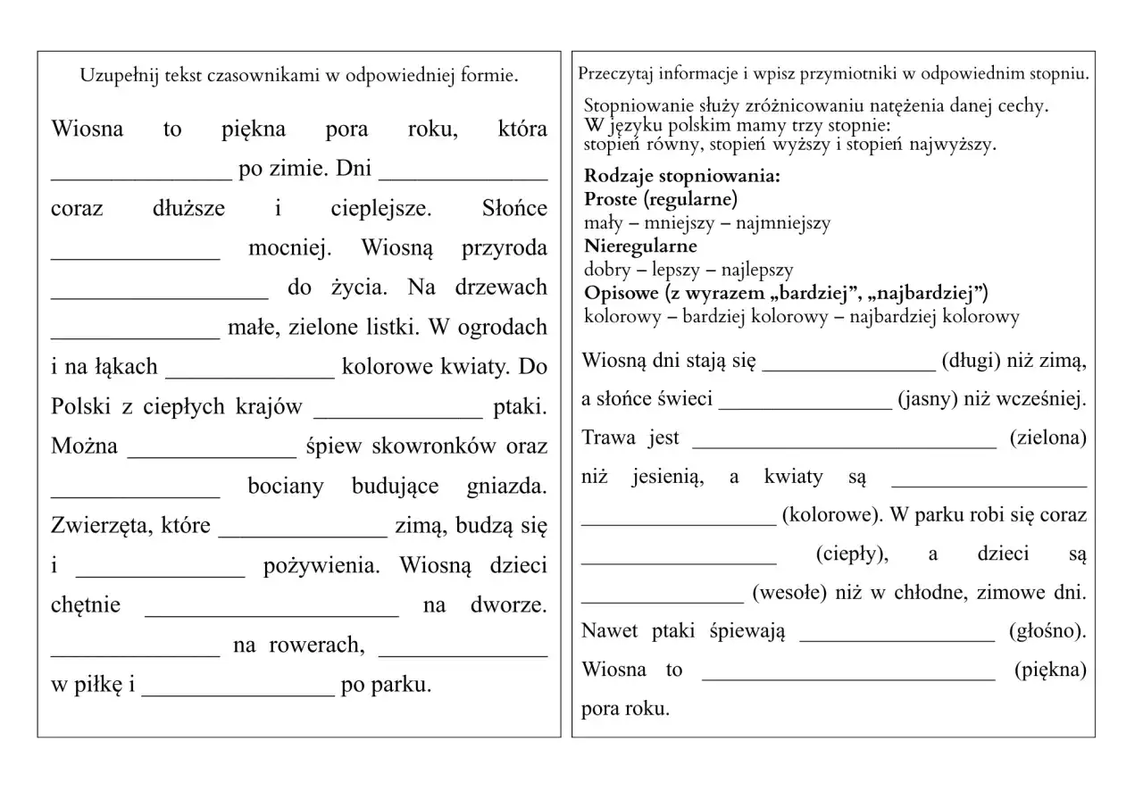 Karty pracy klasa 3 do wydruku: ćwiczenia z języka polskiego o wiośnie, uzupełnianie luk i stopniowanie przymiotników.