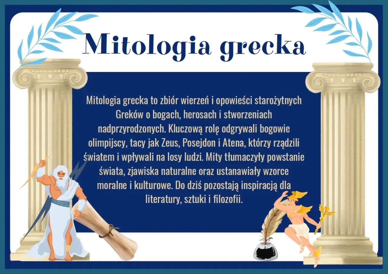 Ilustracja do sprawdzianu z mitologii klasa 5. Zeus z piorunem i zwój, obok posąg i skrzydlaty posłaniec bogów.