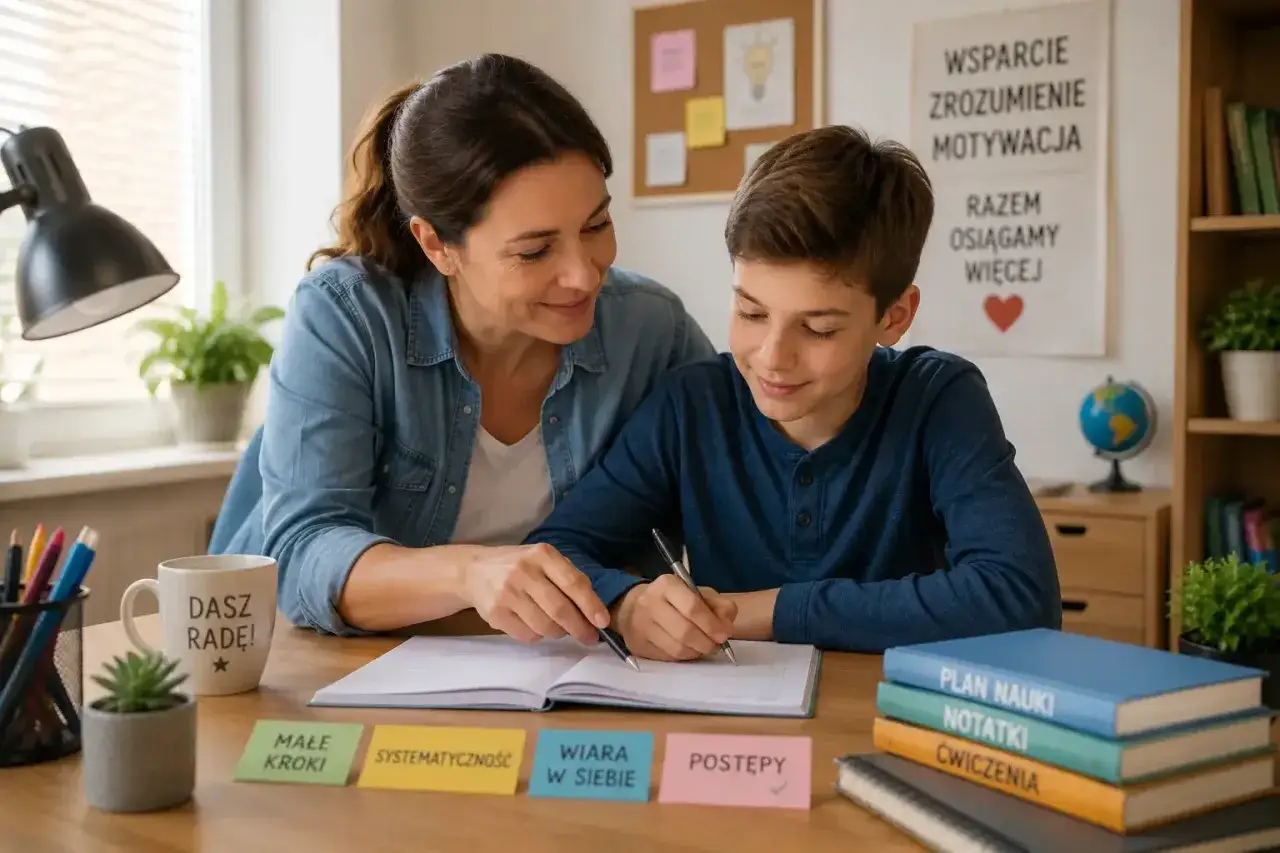 Mama wspiera syna w nauce, pokazując, jak zmotywować dziecko do nauki. Na biurku książki, notatki i kubek z napisem