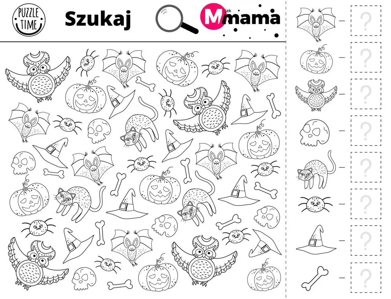 Zadania na Halloween: znajdź nietoperze, pająki, dynie, sowy, koty, czapki i kości.