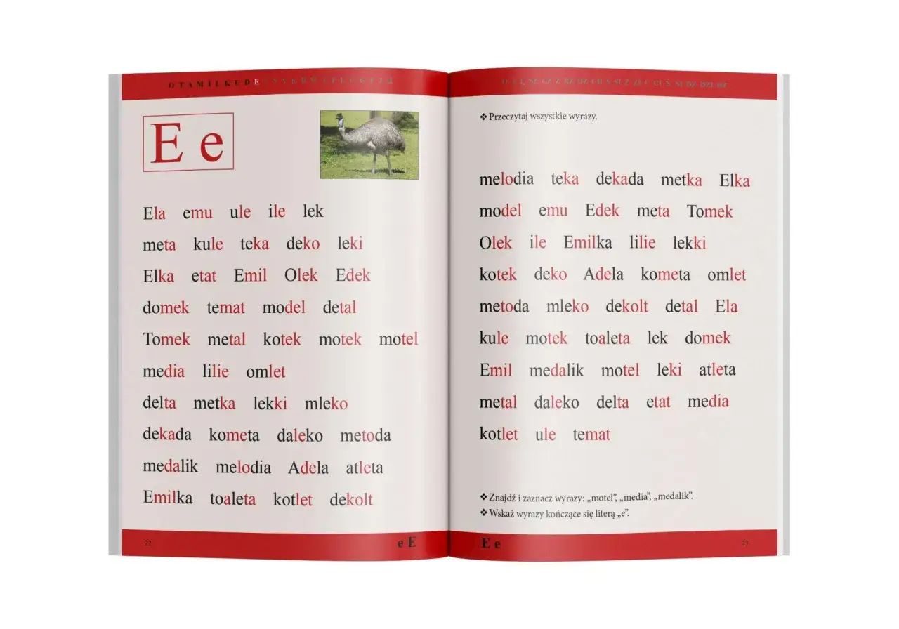 Ćwiczenia z literą E. Na stronie znajdują się obrazek emu i listy wyrazów do nauki czytania, np. modele wyrazów klasa 1.