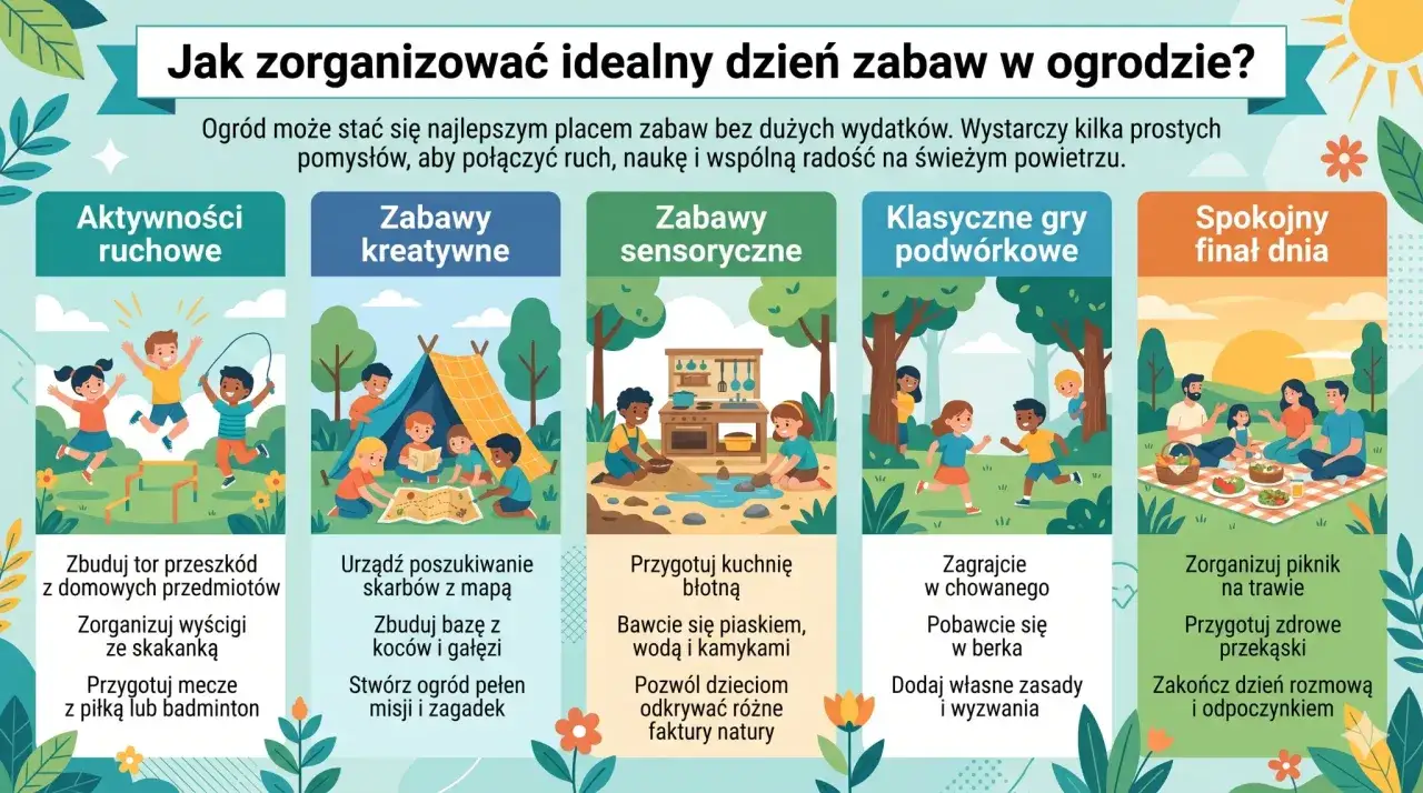 Pomysły na zabawy dla dzieci w ogrodzie: ruchowe, kreatywne, sensoryczne, gry podwórkowe i piknik.