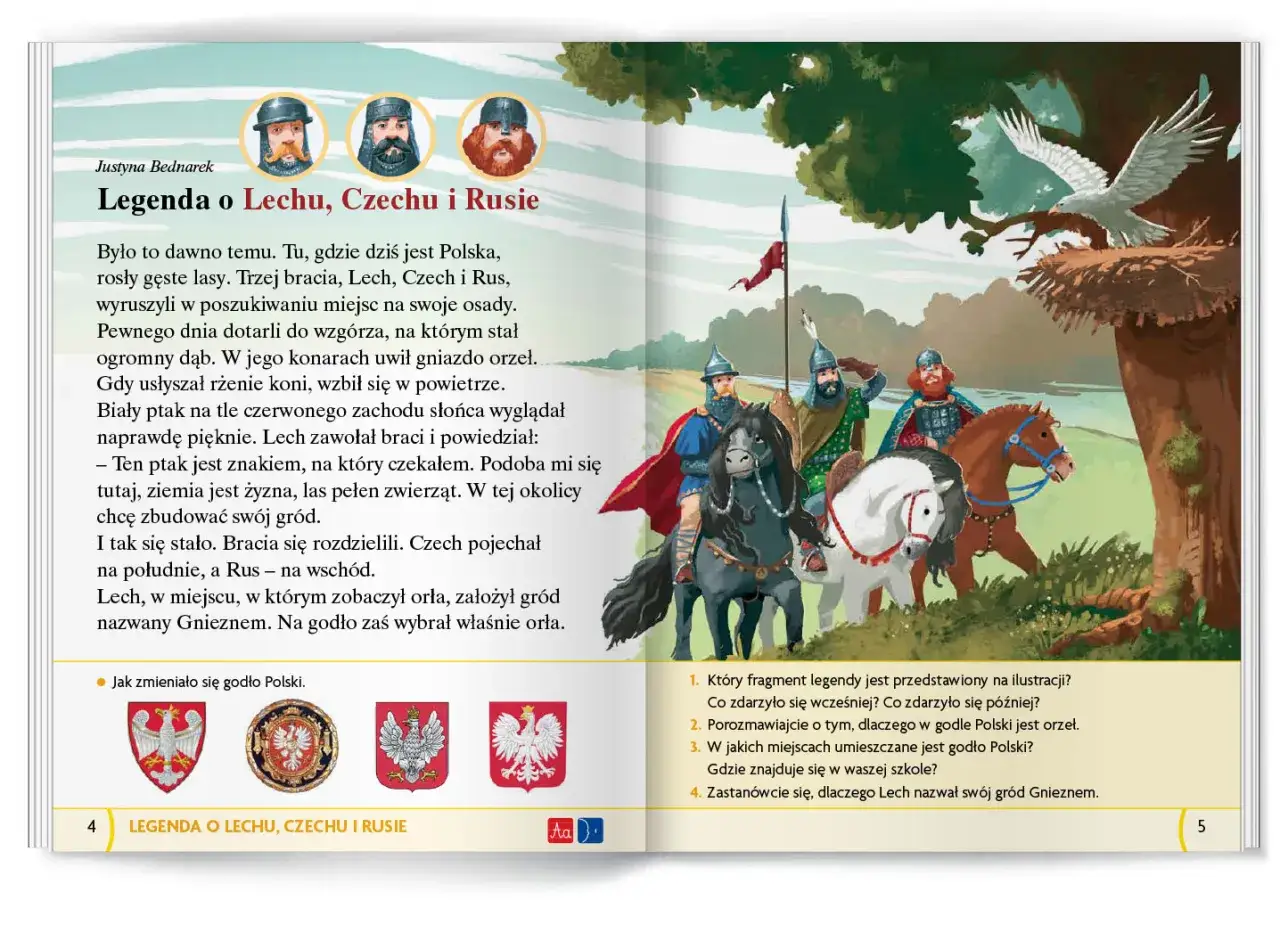 Ilustracja do legendy o Lechu, Czechu i Rusie. Trzej bracia na koniach podziwiają orła na dębie.