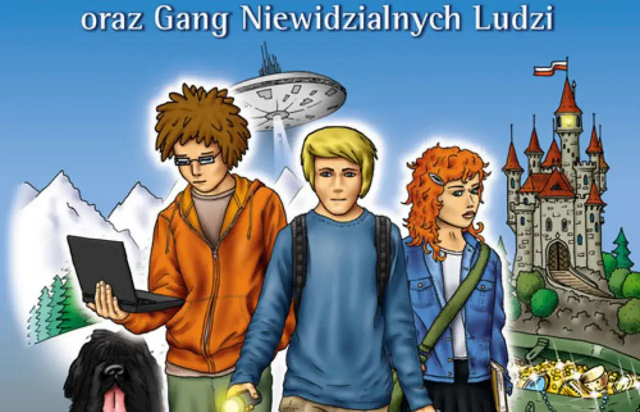 Trójka przyjaciół, Felix, Net i Nika, wraz z Gangiem Niewidzialnych Ludzi, wyrusza na przygodę. W tle latający spodek i zamek.