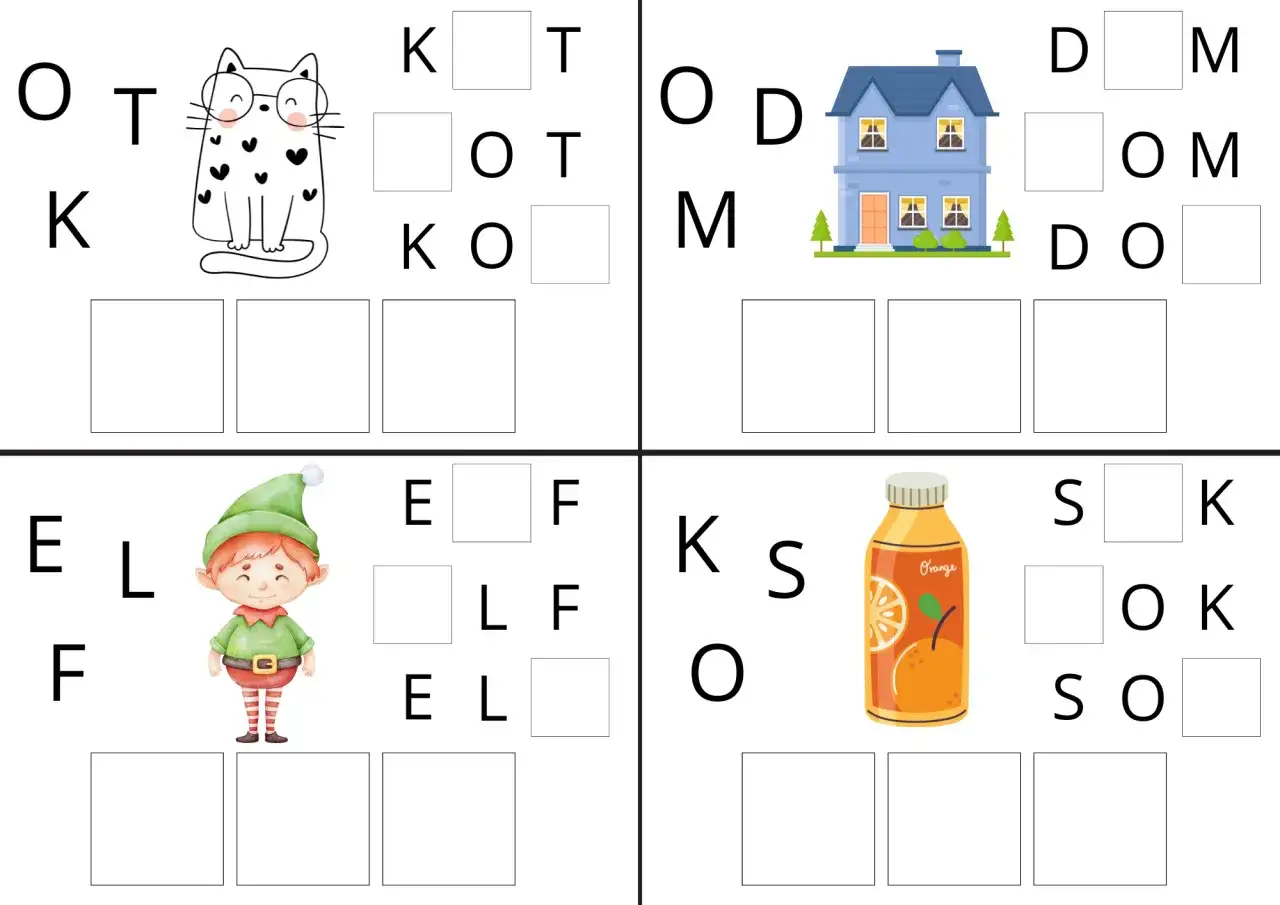 Rozsypanka wyrazowa klasa 1: kot, dom, elf, sok. Uzupełnij litery, by utworzyć słowa.