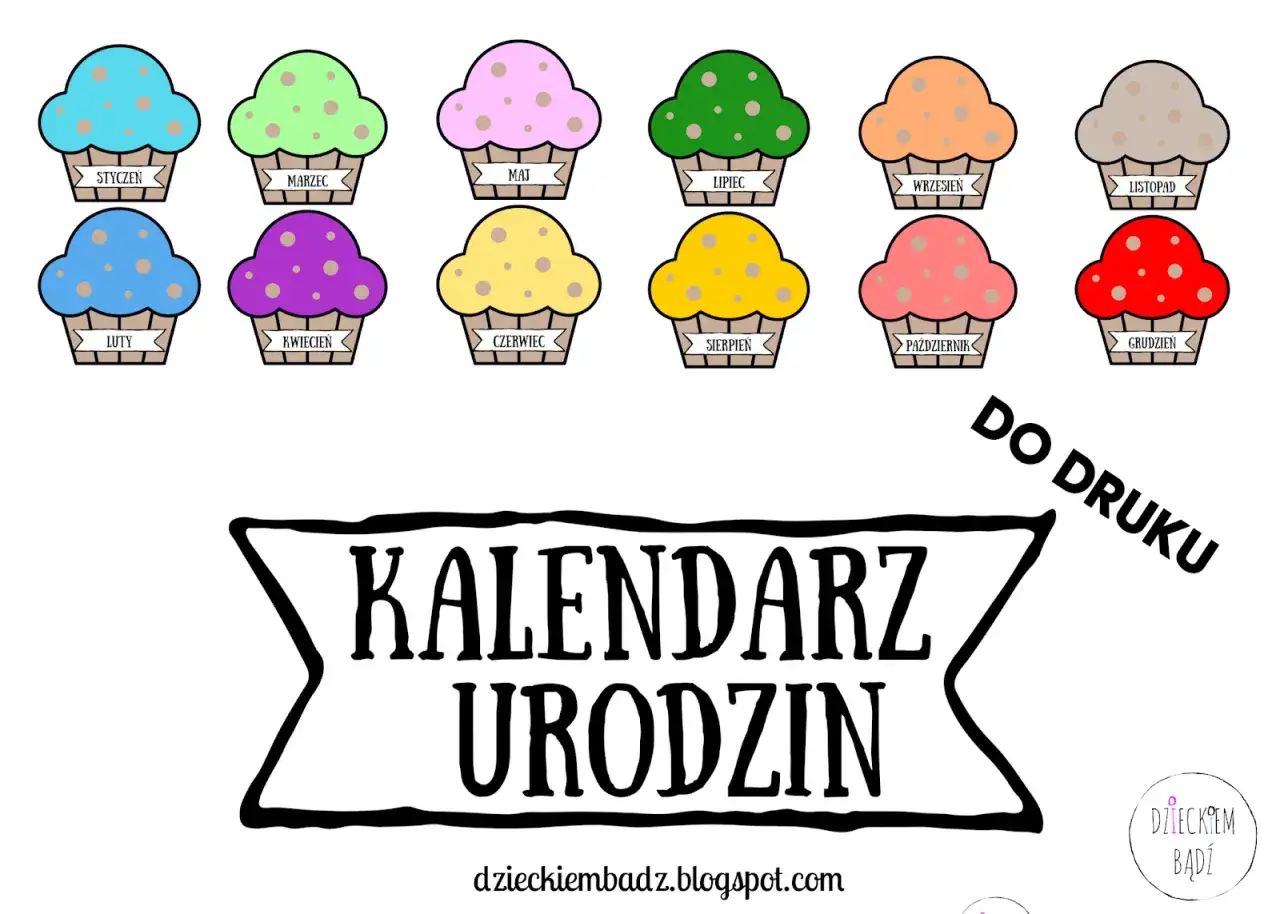 Kolorowy kalendarz urodzin do druku z babeczkami na każdy miesiąc. Idealny do planowania przyjęć!