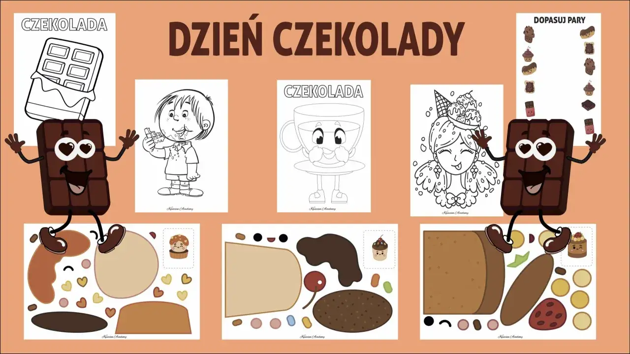 Karty pracy na Dzień Czekolady: kolorowanki z czekoladą, kubkiem kakao, dziewczynką z lodami i zabawy z dopasowywaniem par.