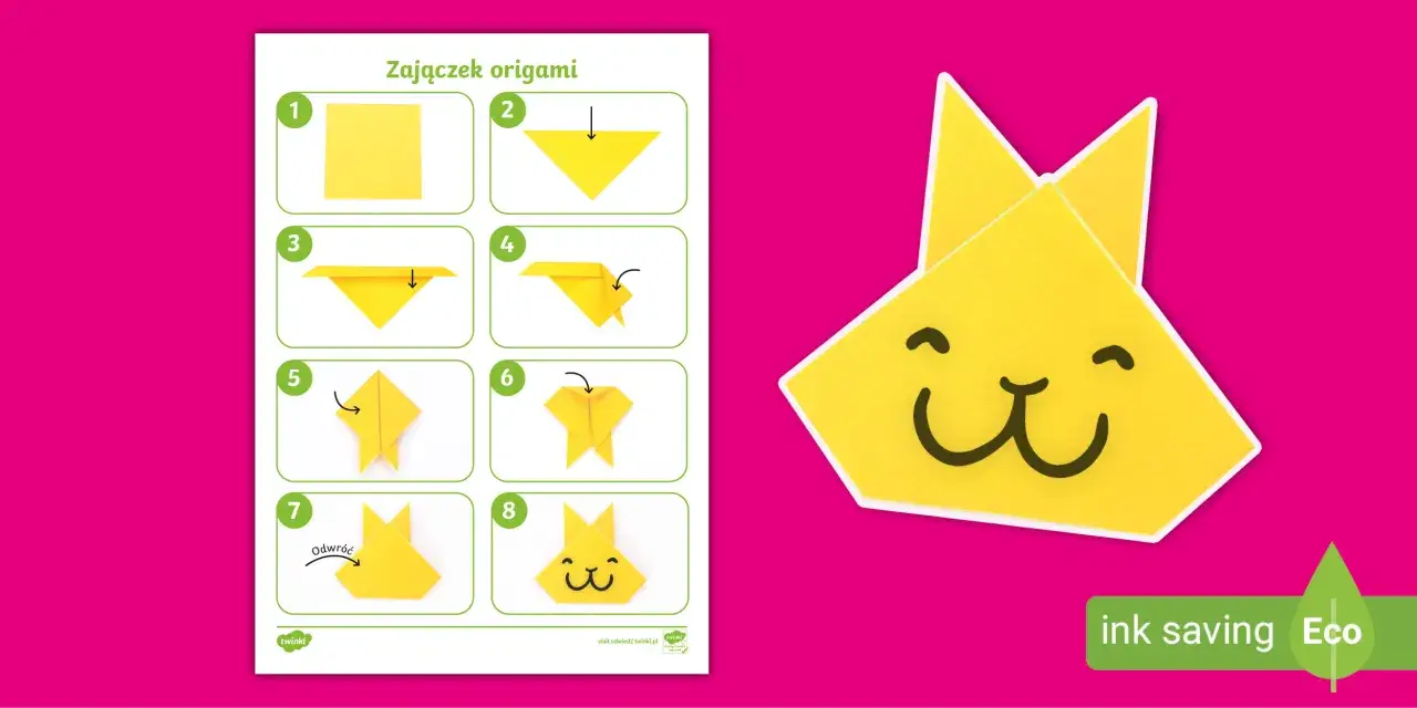 Instrukcja krok po kroku, jak zrobić żółte zajączki z papieru metodą origami. Obok gotowy, uśmiechnięty zajączek.
