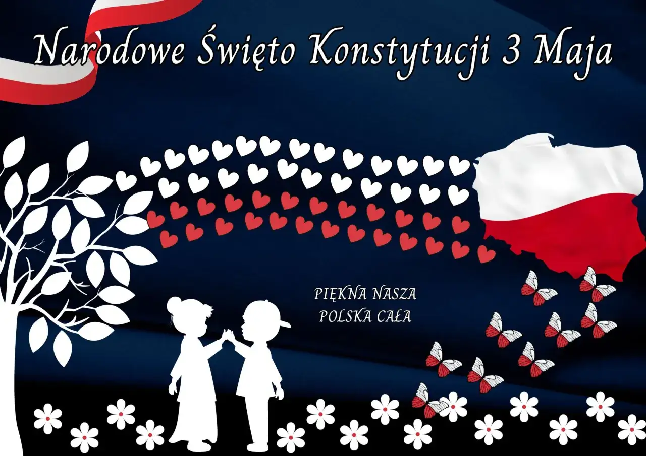 Dzieci świętują Narodowe Święto Konstytucji 3 Maja. Biało-czerwone serca i motyle symbolizują Polskę.