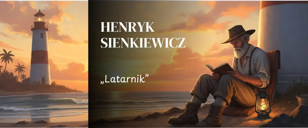 Latarnik streszczenie szczegółowe: stary latarnik czyta książkę przy latarni morskiej na tle zachodzącego słońca.