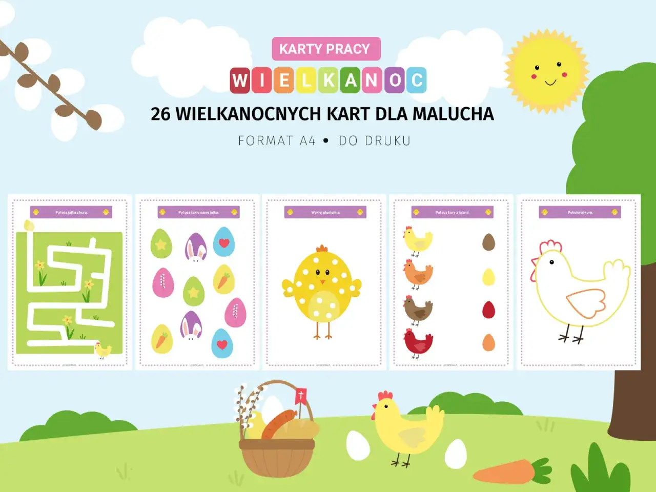 Wielkanoc karty pracy do druku: labirynt z kurczakiem, dopasowywanie jajek, wyklejanie pisanki, łączenie kur z jajami i kolorowanka kury.