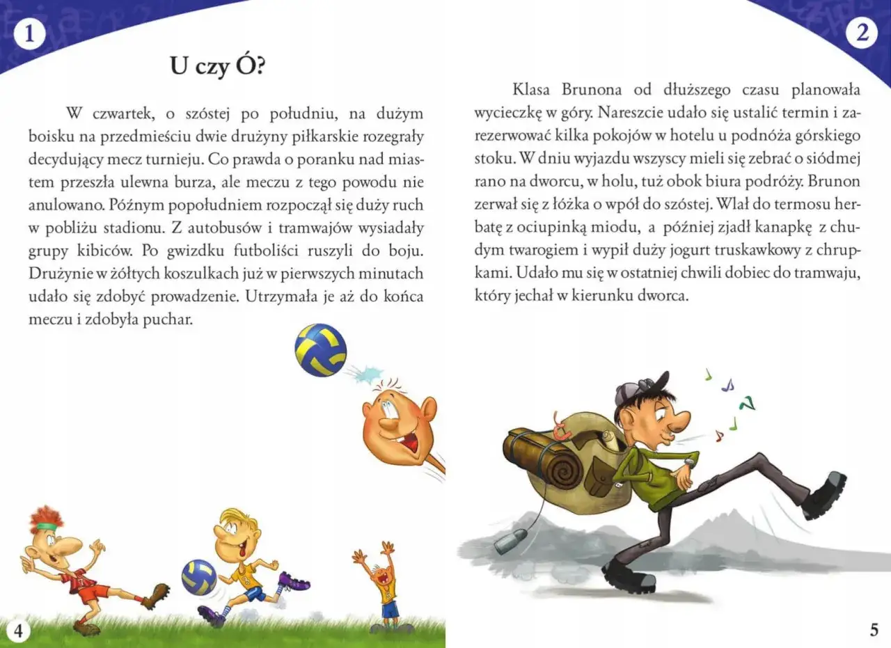 Ilustracja do tekstu do dyktanda klasa 4: dzieci grają w piłkę nożną, a chłopiec z plecakiem biegnie na tramwaj.