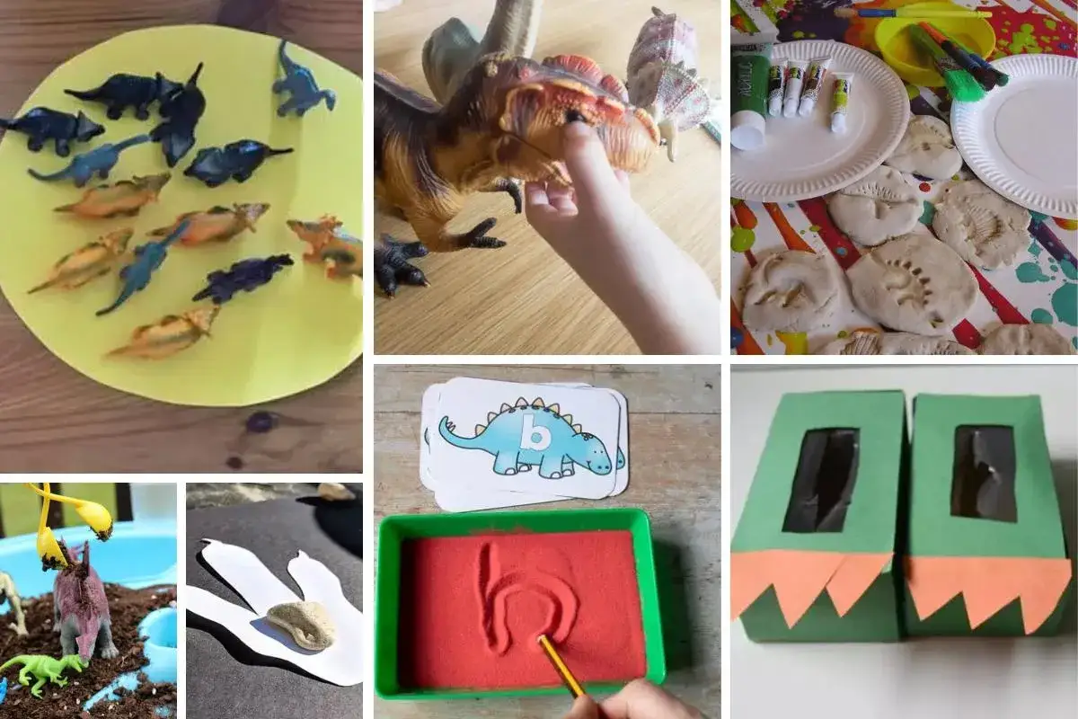 Pomysły na dzień dinozaura: figurki, odciski łap w piasku, malowanie, tworzenie skamieniałości.