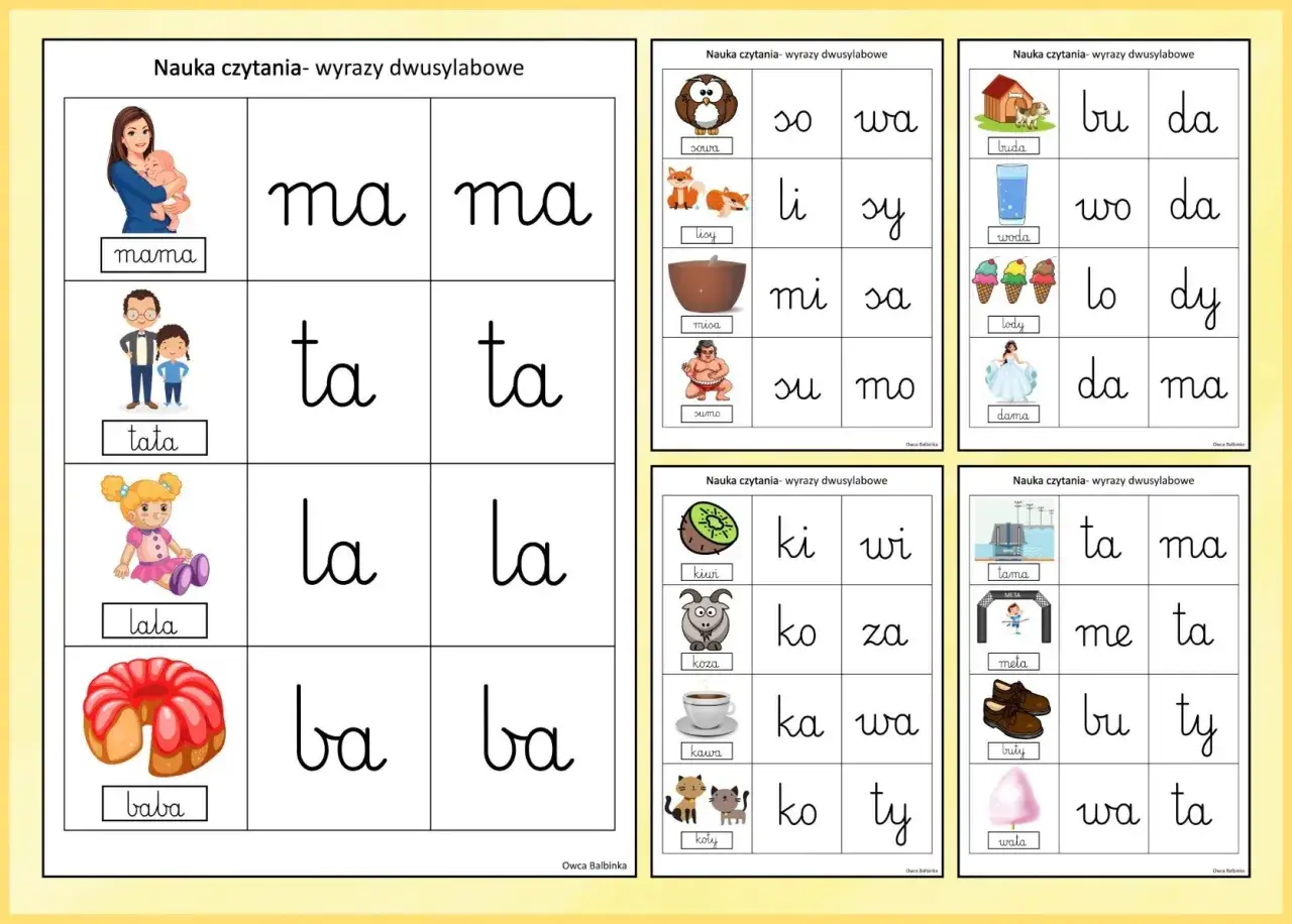 Tablice z wyrazami do nauki czytania: mama, tata, lala, baba, sowa, lisy, misa, sumo, buda, woda, lody, dama, kiwi, koza, kawa, koty, tama, meta, buty, wata.