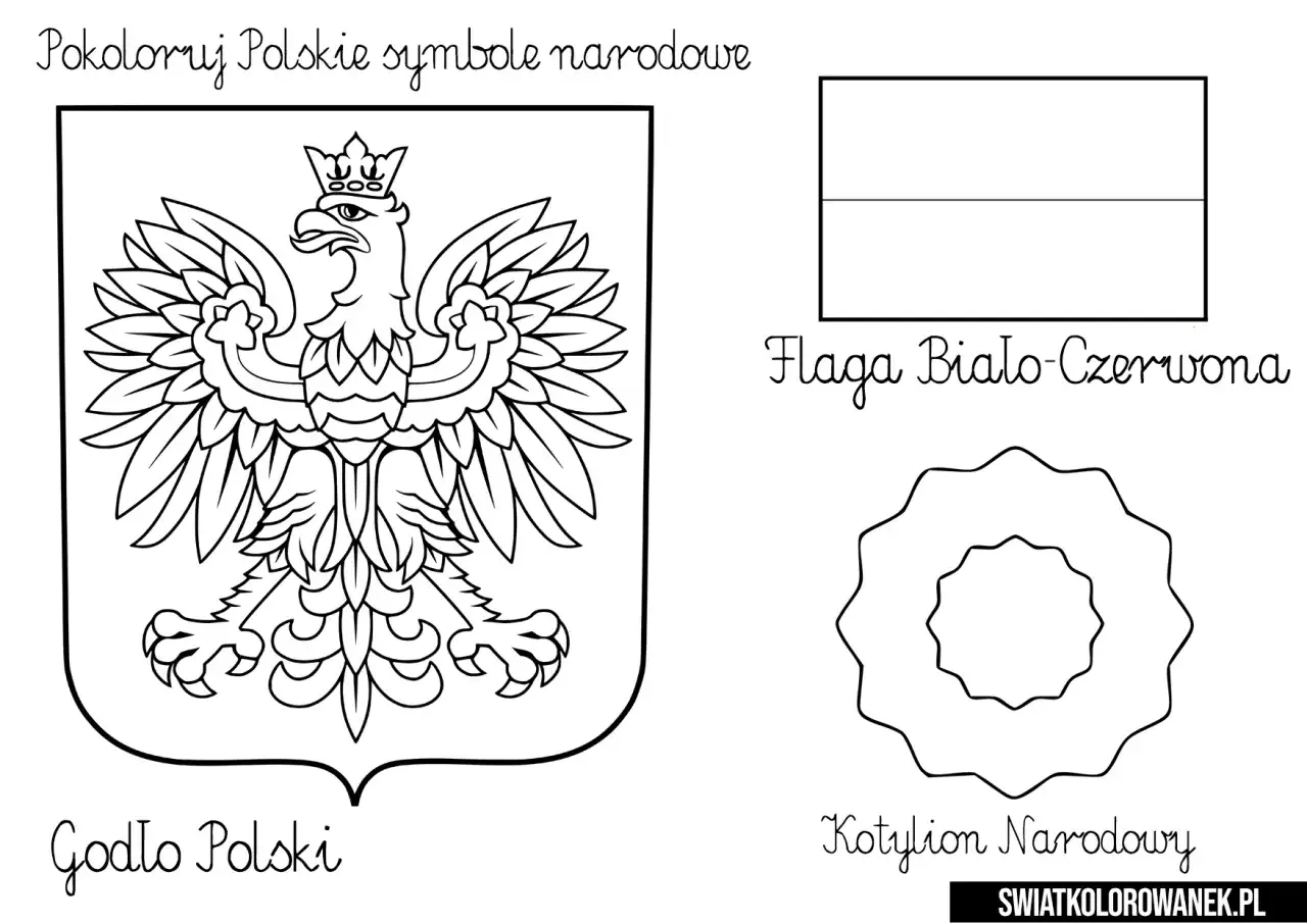 Kolorowanka z polskimi symbolami narodowymi dla dzieci: godło, flaga biało-czerwona i kotylion.