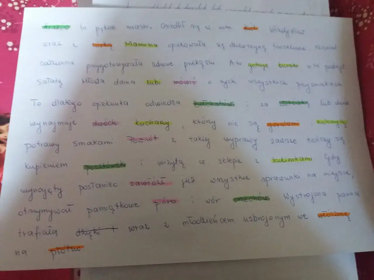 Dyktando klasa 8: Mama gotuje buraki, a młoda dama lubi mówić o przysmakach. Opiekunka wynajmuje kucharki, bo potrawy smakują.
