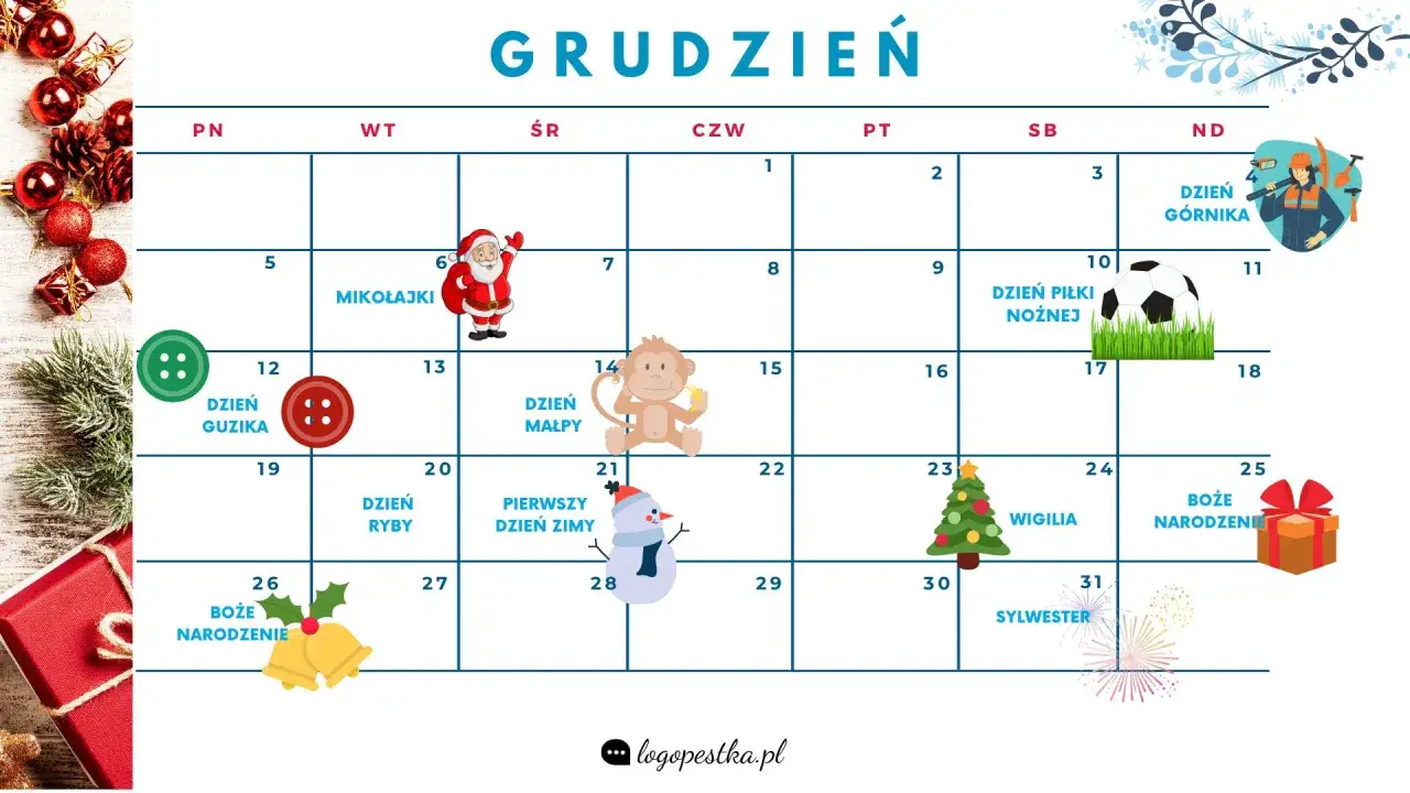 Grudniowy kalendarz świąt nietypowych dla dzieci: Mikołajki, Dzień Guzika, Dzień Małpy, Dzień Ryby, Dzień Piłki Nożnej, Boże Narodzenie, Sylwester.