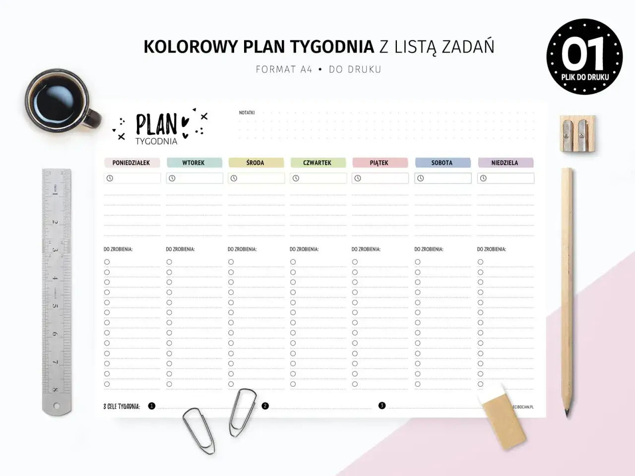 Kolorowy plan tygodnia z miejscem na zadania i cele. Pomaga w nauce dni tygodnia i organizacji.