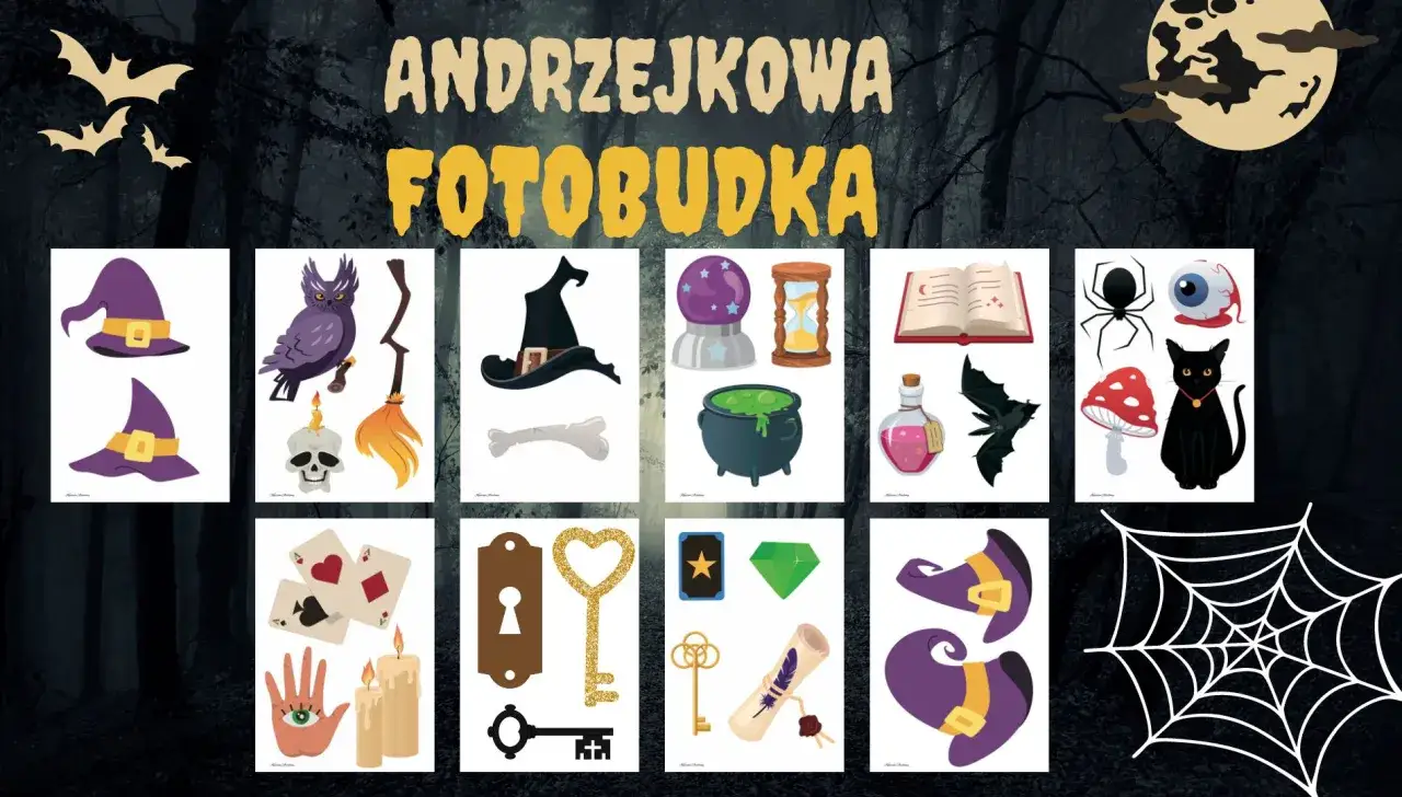 Andrzejki dekoracja przedszkole: magiczne rekwizyty do fotobudki – kapelusze czarownic, sowy, koty, pająki, eliksiry i inne.