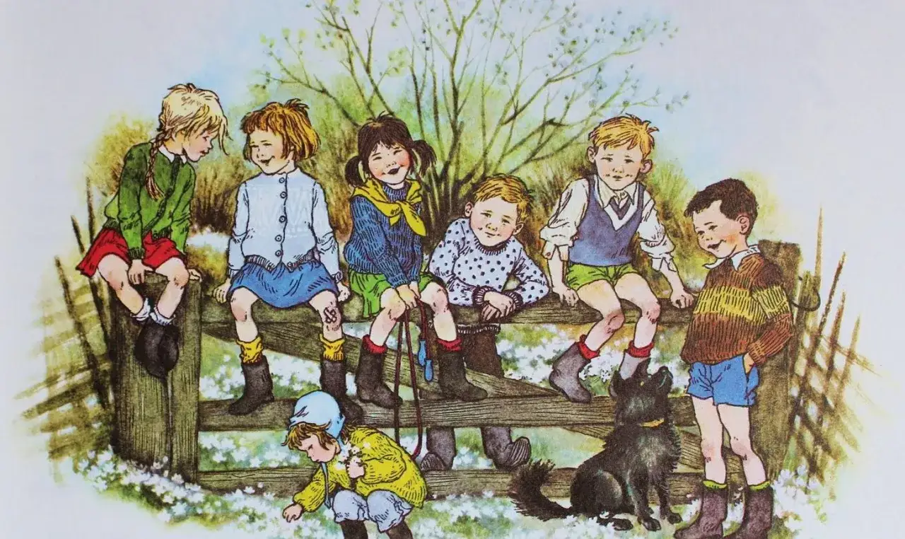Dzieci z Bullerbyn: grupa roześmianych dzieci siedzi na płocie, a obok nich czarny pies.