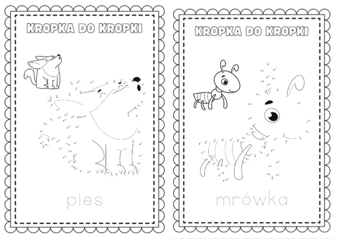 Dwa obrazki do rysowania po kropkach: pies i mrówka. Połącz kropki, aby odkryć zwierzątka!