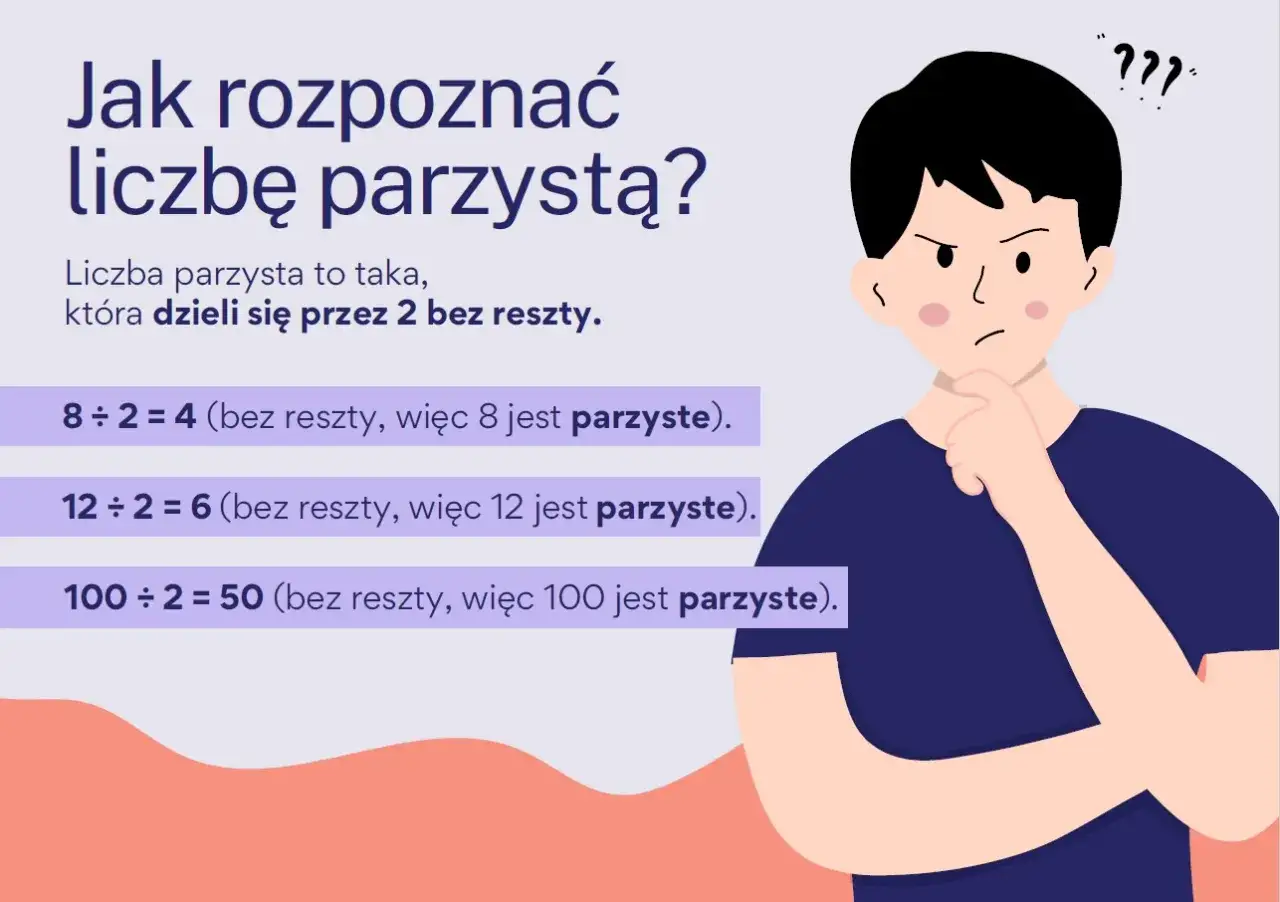 Chłopiec zastanawia się nad liczbami parzystymi i nieparzystymi. Przykład: 8 ÷ 2 = 4 (bez reszty, więc 8 jest parzyste). Klasa 1.