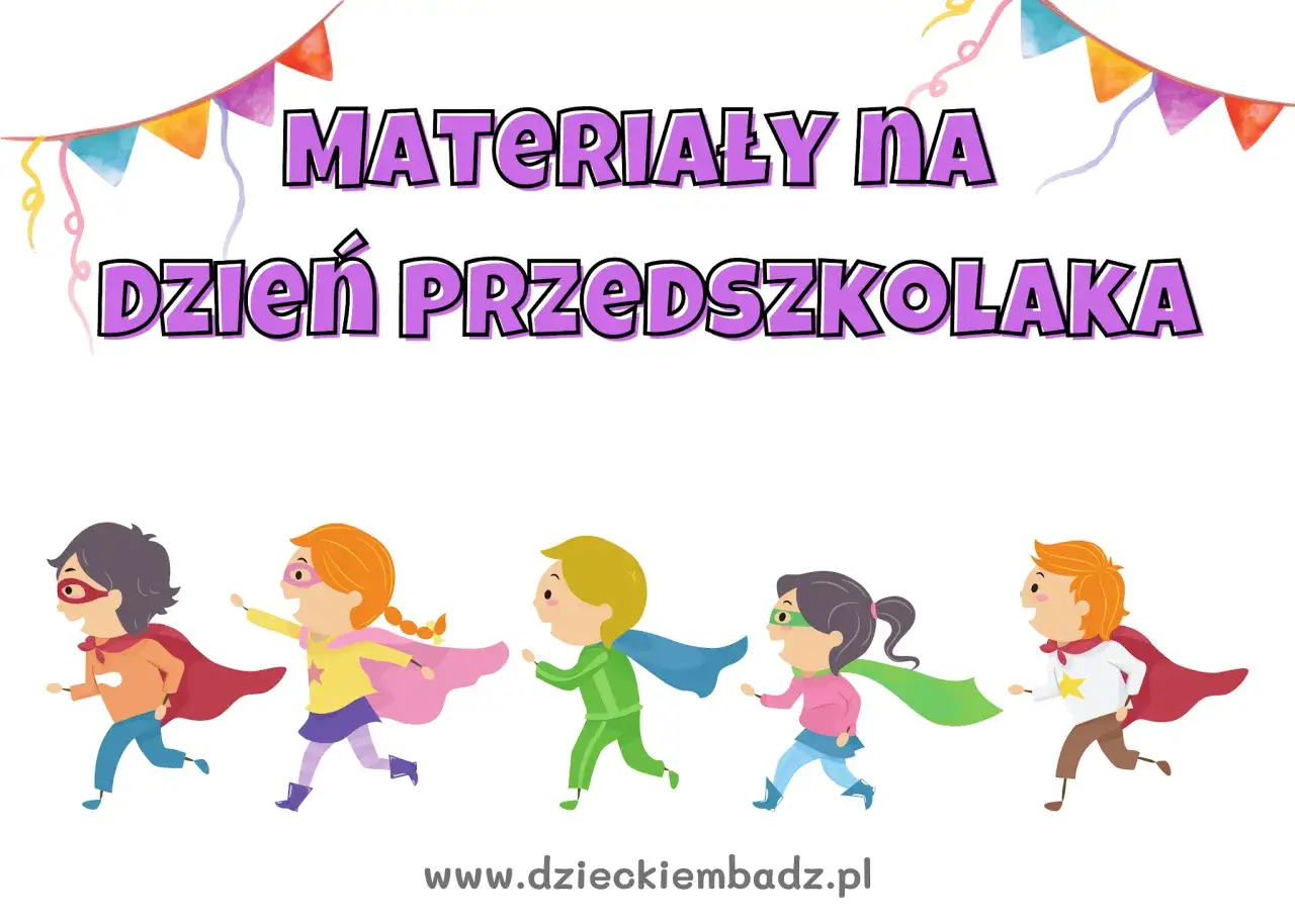 Superbohaterowie biegają, szukając pomysłów na Dzień Przedszkolaka. Kolorowe chorągiewki dodają radości!