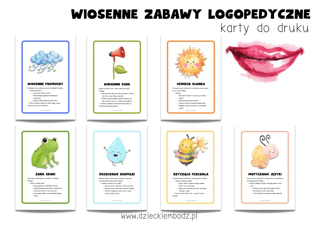 Zestaw kart do druku: wiosenne zabawy logopedyczne dla 2 latka. Wśród nich: chmurki, głośnik, słońce, usta, żaba, kropelka, pszczoła, motyl.