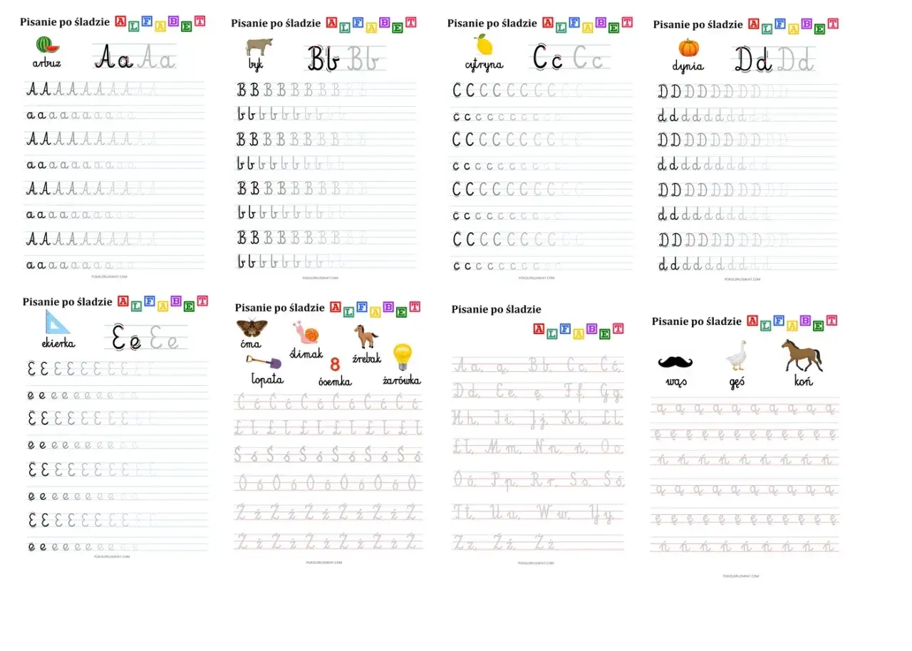 Ćwiczenia grafomotoryczne nauka pisania wyrazów dla dzieci do druku. Arkusze z literami A, B, C, D, E, a, b, c, d, e.