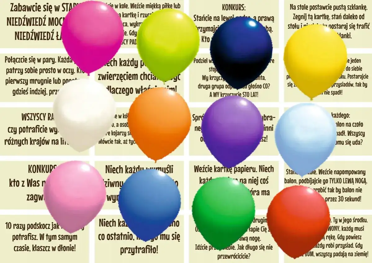 Śmieszne zadania dla dzieci na urodziny: konkursy z balonami, zgadywanki i zabawy ruchowe.
