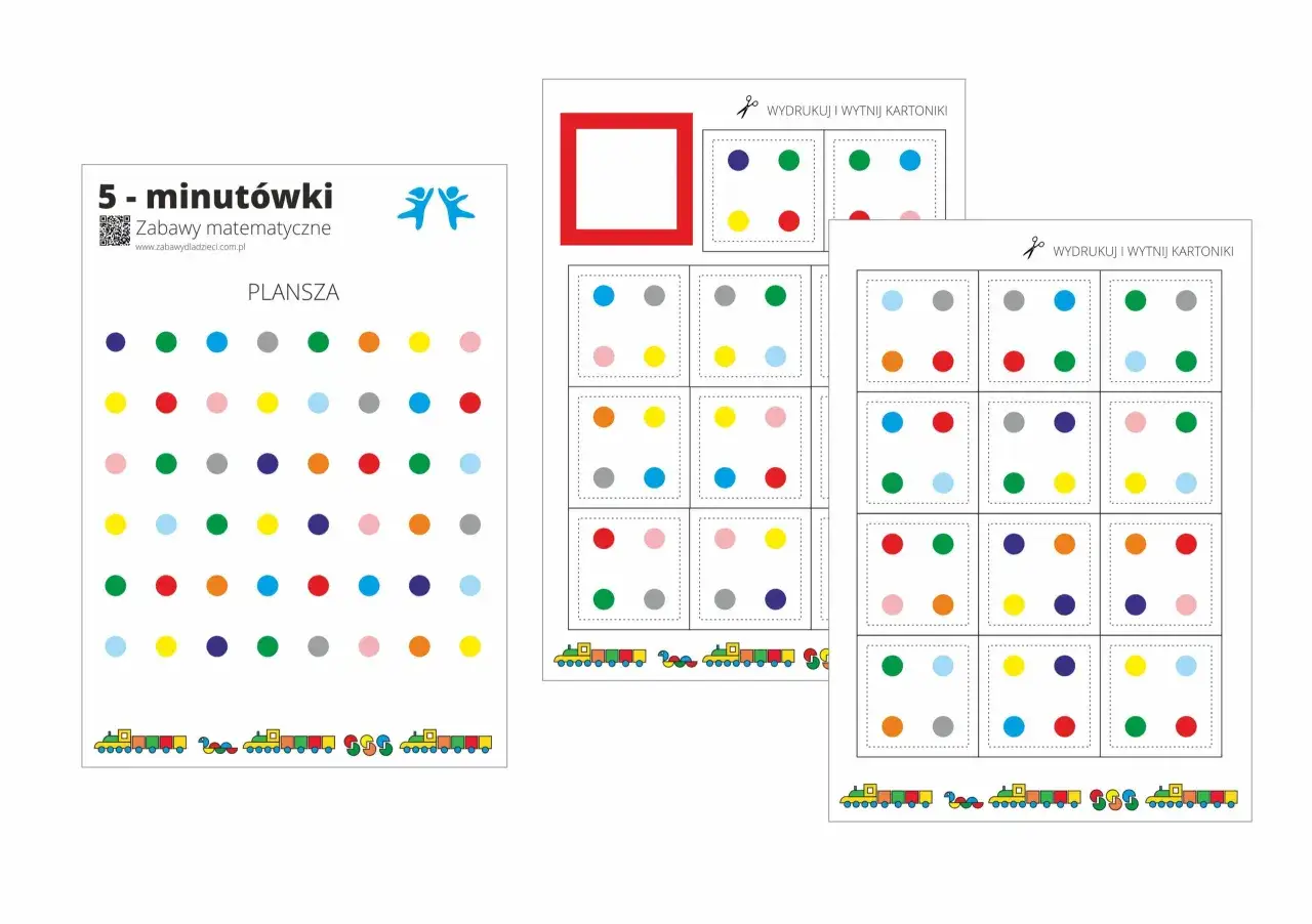 Kolorowe kropki na planszy i kartonikach do wycięcia to świetna matematyka dla dzieci do druku. Zabawy rozwijają spostrzegawczość.