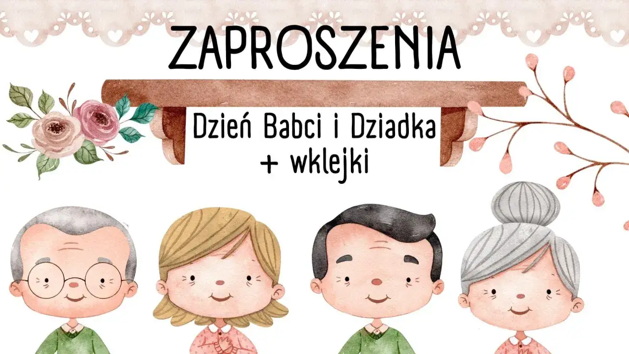 Zaproszenia na Dzień Babci i Dziadka. Urocza grafika z dziadkami i wnukami, idealna na wyjątkowe okazje.