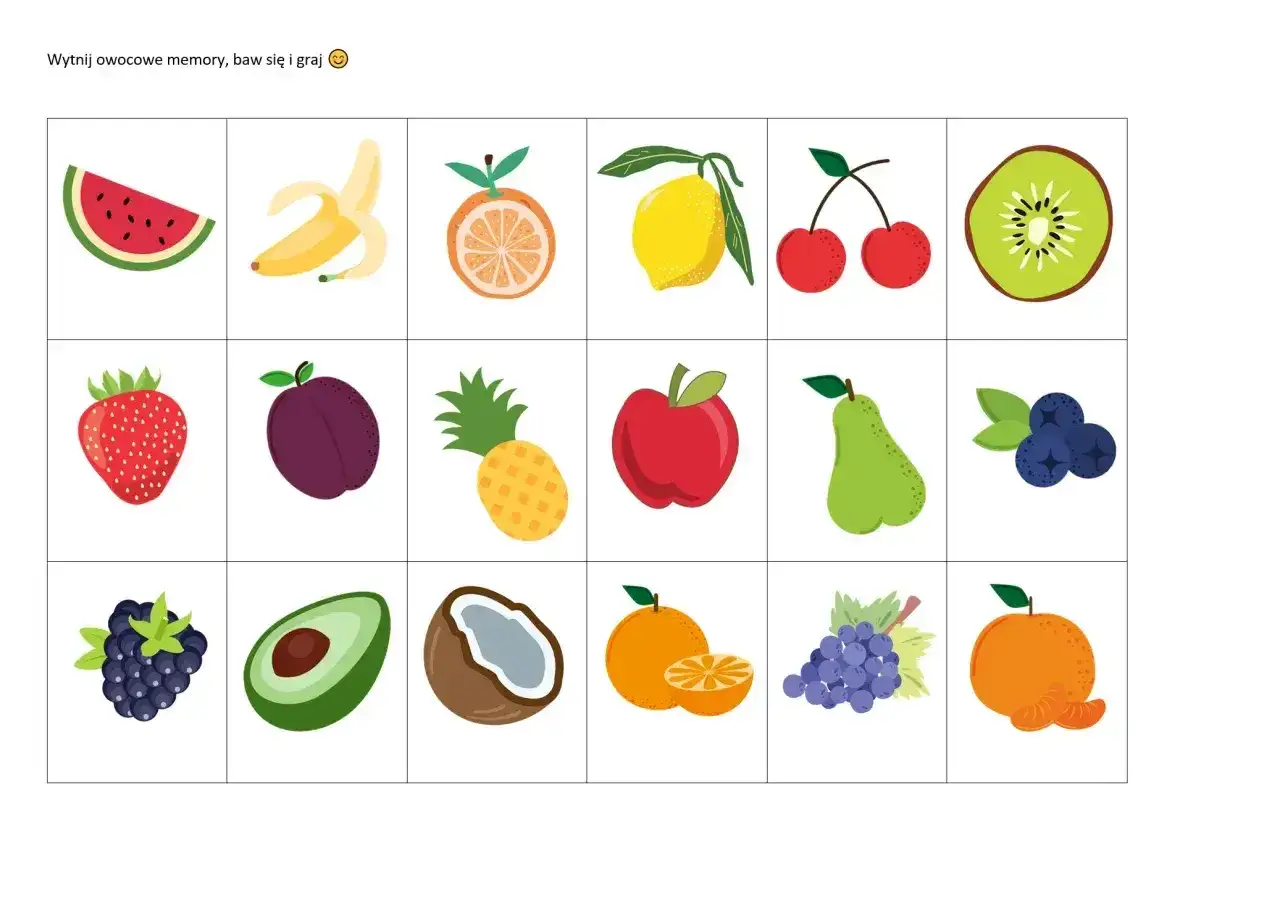 Proste wycinanki do druku: arbuz, banan, pomarańcza, cytryna, wiśnie, kiwi, truskawka, śliwka, ananas, jabłko, gruszka, borówki, jeżyna, awokado, kokos, mandarynka, winogrona.