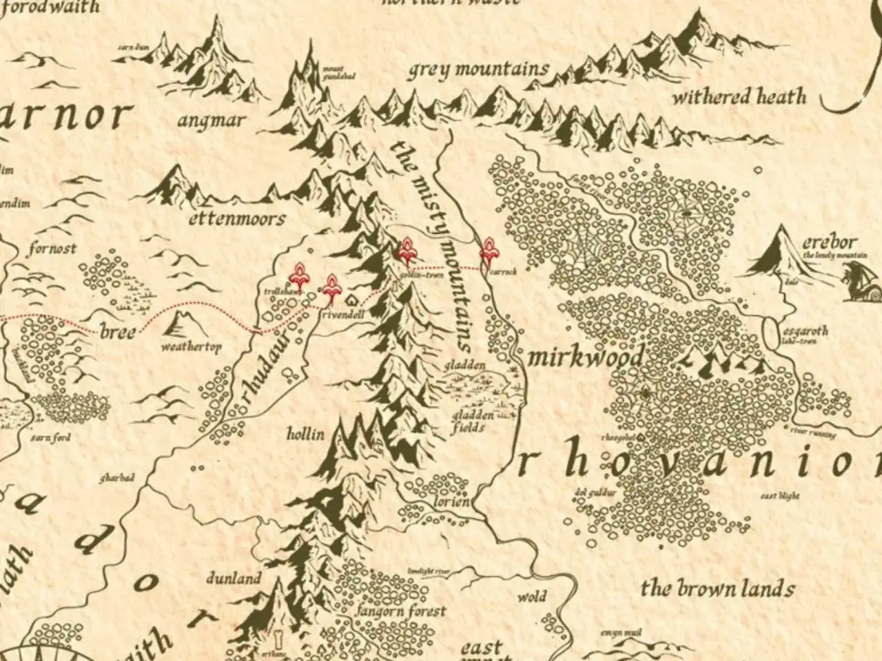 Mapa Śródziemia z podróży Bilba. Szczegółowe streszczenie Hobbita obejmuje podróż przez Góry Mgliste, Mroczną Puszczę i Erebor.
