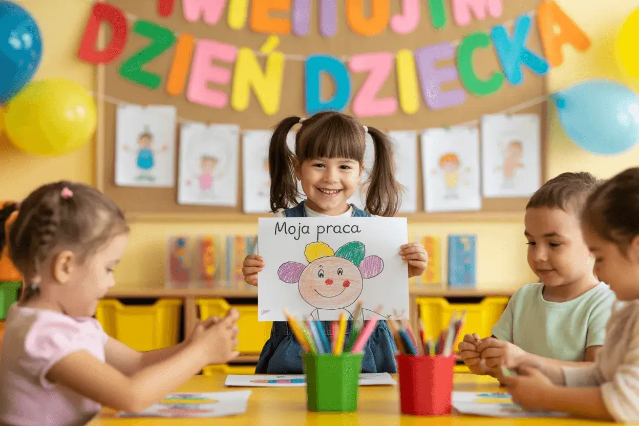 Uśmiechnięta dziewczynka prezentuje swoją pracę plastyczną z okazji dnia dziecka. W tle inne dzieci i kolorowe dekoracje.