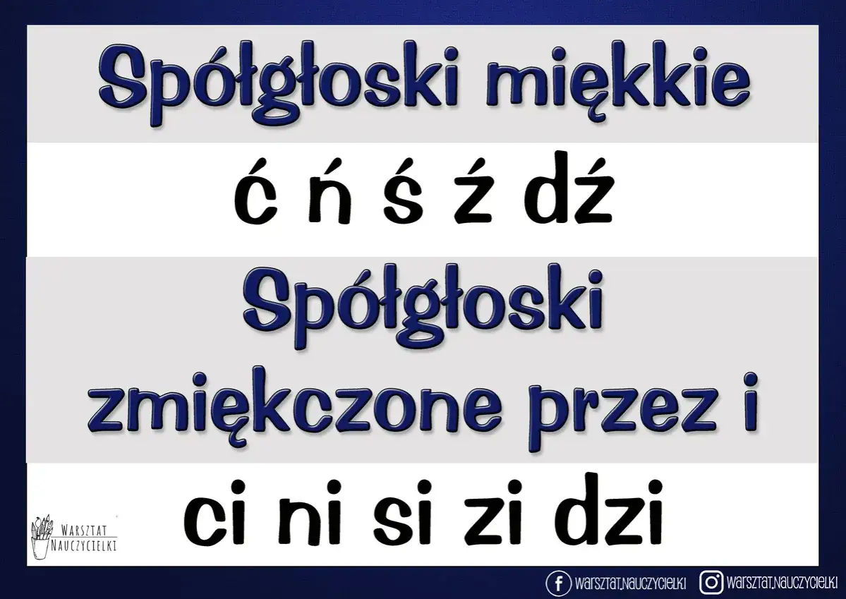 Zmiękczenia klasa 2: spółgłoski miękkie ć, ń, ś, ź, dź oraz spółgłoski zmiękczone przez i: ci, ni, si, zi, dzi.