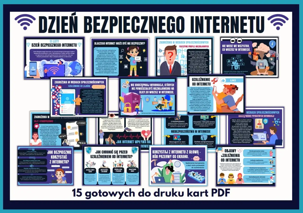 Dzień Bezpiecznego Internetu: prezentacja o zagrożeniach online, uzależnieniu od sieci i zasadach bezpiecznego korzystania.