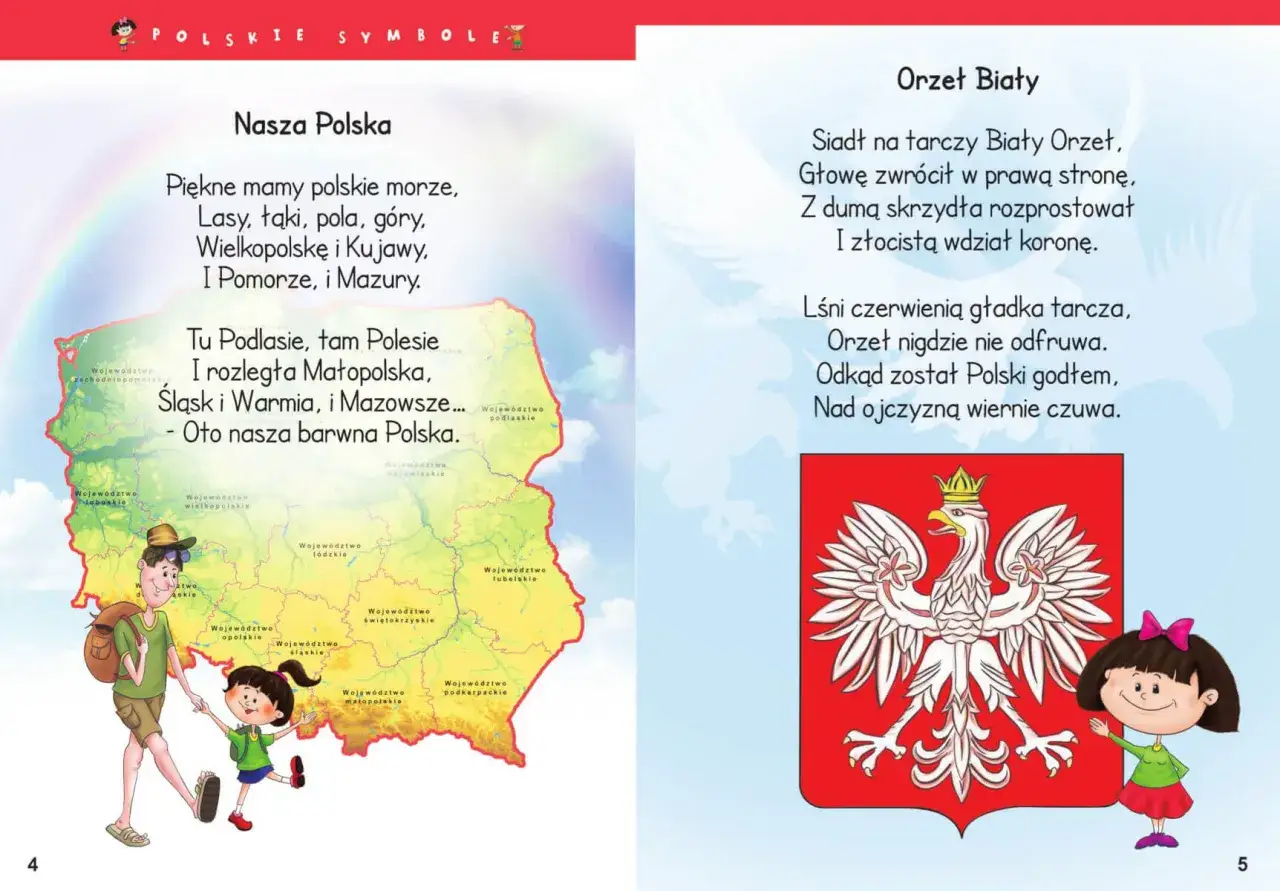 Krótkie wiersze patriotyczne dla dzieci o Polsce, jej symbolach i regionach. Dzieci poznają mapę Polski i godło.
